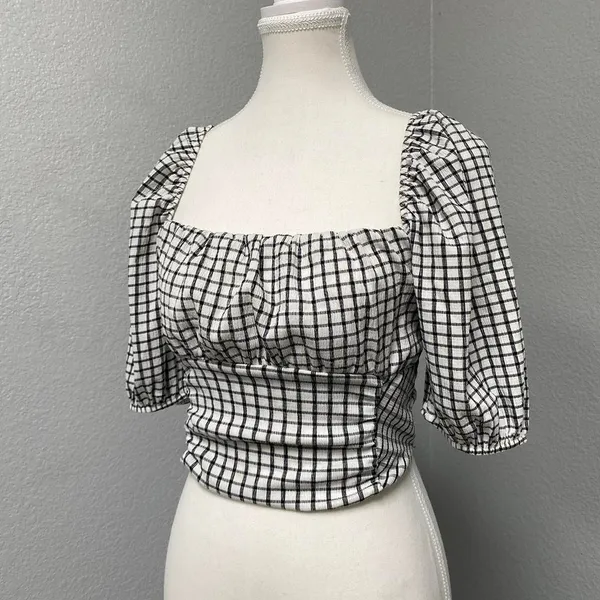 Bershka Plaid Gingham Crop Smocked Milkmaid Top Cottagecore Boho Peasant - Image 3