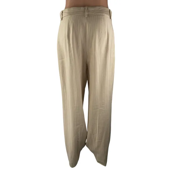 Mango MNG Women's Beige Striped Pleated High Rise Wide Leg Trouser Dress Pants 6 - Image 2