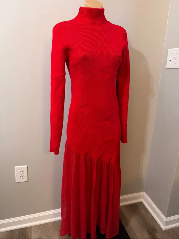 Commense Red Maxi Sweater Dress Ribbed Large Turtleneck Sheer Hem Evening - Image 4
