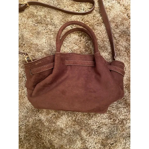 Chic Brown Faux Suede Crossbody Bag Gold Accents Minimalist Top Handle Satchel - Image 3