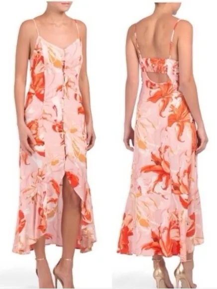Abel the Label Flower Bomb Lola Button High Low Dress Pink Orange Size M - Image 2