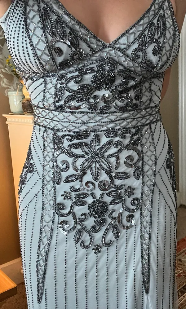 David's Bridal Blue Beaded Prom Dress - Image 8