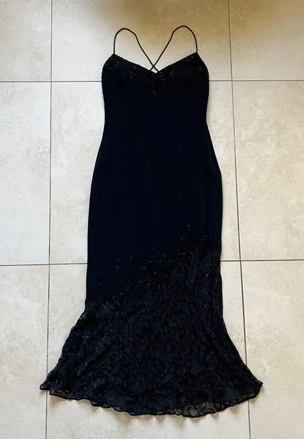Cache Black Lace Beaded Crisscross Back Evening Formal Mermaid Dress Size 2 - Image 2