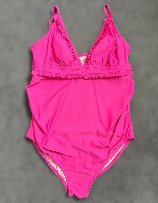 Isabel Maternity One Piece Swimsuit LARGE Pink Ruffle Plunge Padded Ruched Beach - Image 2