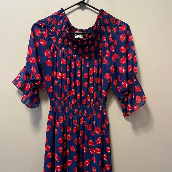MISA Off Shoulder Midi Dress Blue Red Floral Boho Romantic Cottagecore Flowy‎ MD - Image 9