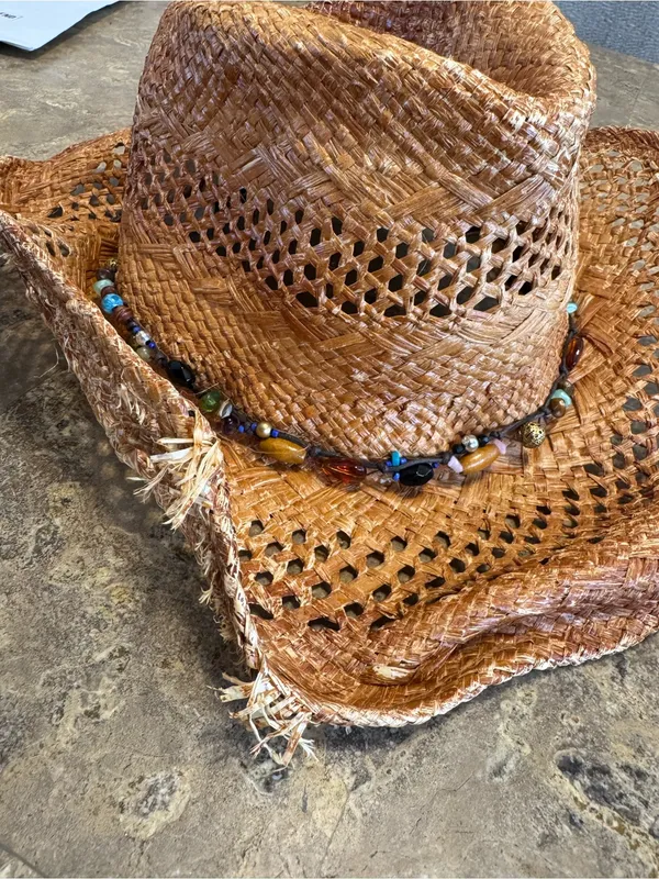 Vintage 2000s Scala Distressed Straw Cowgirl Hat Beaded Western Boho Y2K OS - Image 3