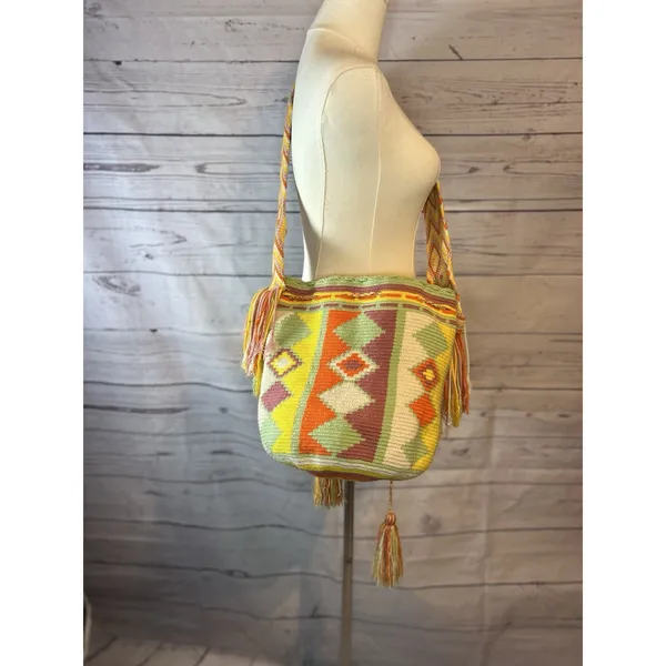 Handmade Crochet Aztec Boho Bucket Multicolor Fringe Crossbody/shoulder Bag - Image 2