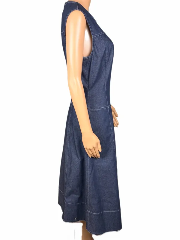 DONNA KARAN New York Denim Paneled A-Line Midi Dress POCKETS Size 10 - Image 3