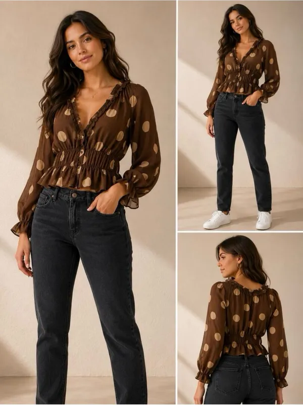 Parker Brown Polka Dot 2 Piece Set Blouse Shirt Top Cami Ruffle Peplum Size M - Image 2