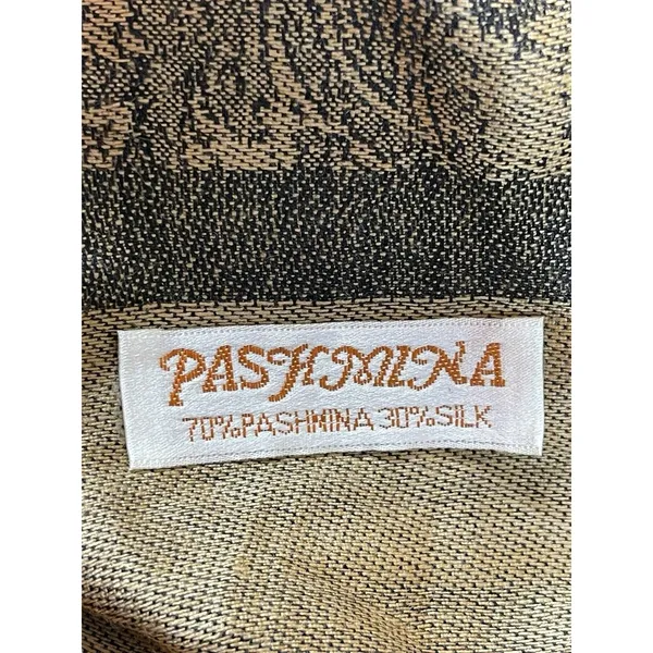 Pashmina Silk Blend Shawl Wrap Scarf Tan Black Paisley Jacquard Fringe Elegant - Image 5