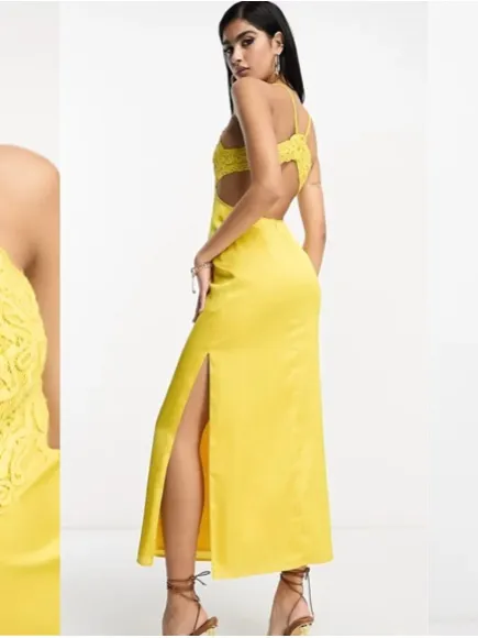 NWT ASOS Yellow Embroidered Bodice Satin Bias Midi Dress Size 2 - Image 2