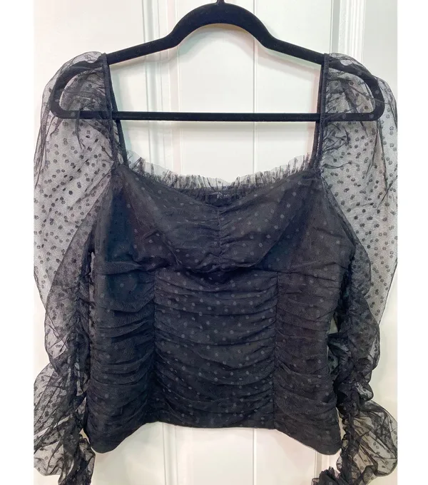 VICI Benefit Polka Dot Ruched Gathered Sleeve Mesh Tulle Top by Free the Roses - Image 19