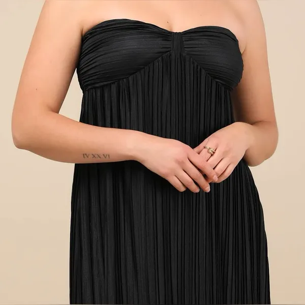 LULU’S Whimsical Beauty Black Satin Plisse Strapless Maxi Dress - Image 3