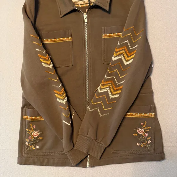 Driftwood Boho Floral Embroidered Zip Utility Jacket Green Womens Size S - Image 5