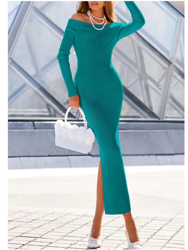 Nordstrom Off-Shoulder Teal Ribbed Maxi Dress - Elegant Women’s Evening Dress M - Image 3