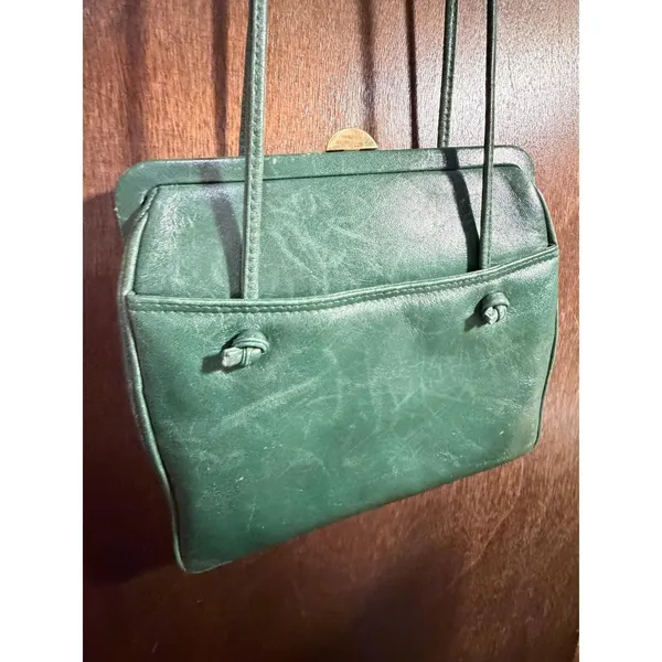 Vintage Ganson Emerald Green Leather Crossbody Bag Kiss Lock Frame Retro‎ 80s - Image 4