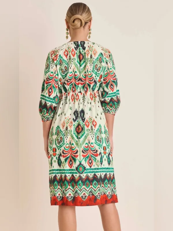 VENUS Printed V-Neck Midi Dress in Green, Cream & Orange - Image 2
