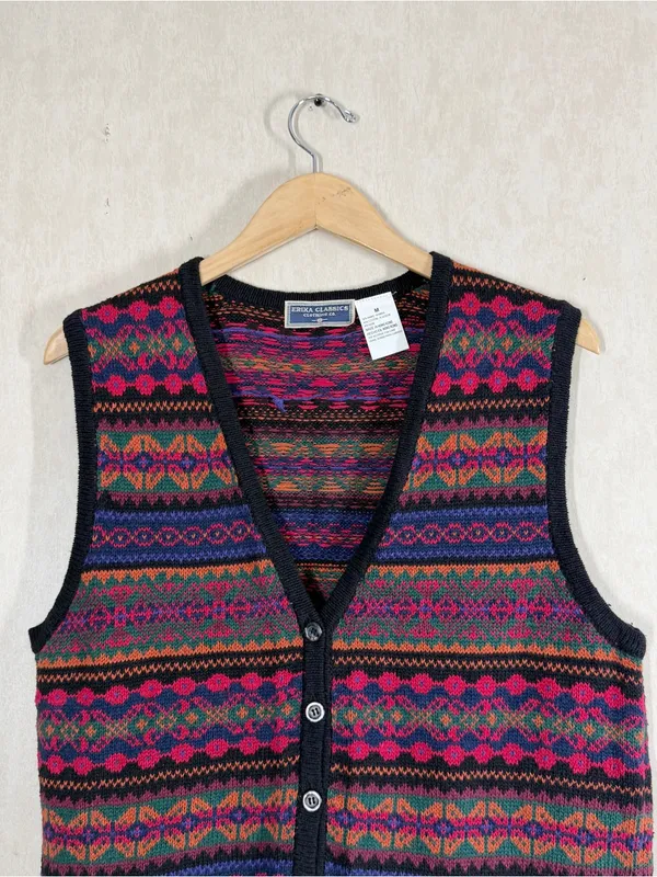 Erika Classics Women’s Vintage 90s Ramie Cotton Cardigan Vest in Fair Isle M - Image 3