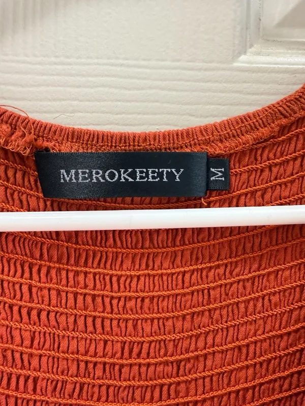 MEROKEETY Tiered Maxi Dress Size M Rust Orange Smocked Bodice - Image 5