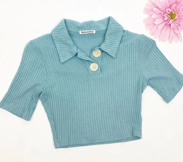 Reformation Peggy Ribbed Polo Two Button Crop Top Turquoise Green Blue - Image 2
