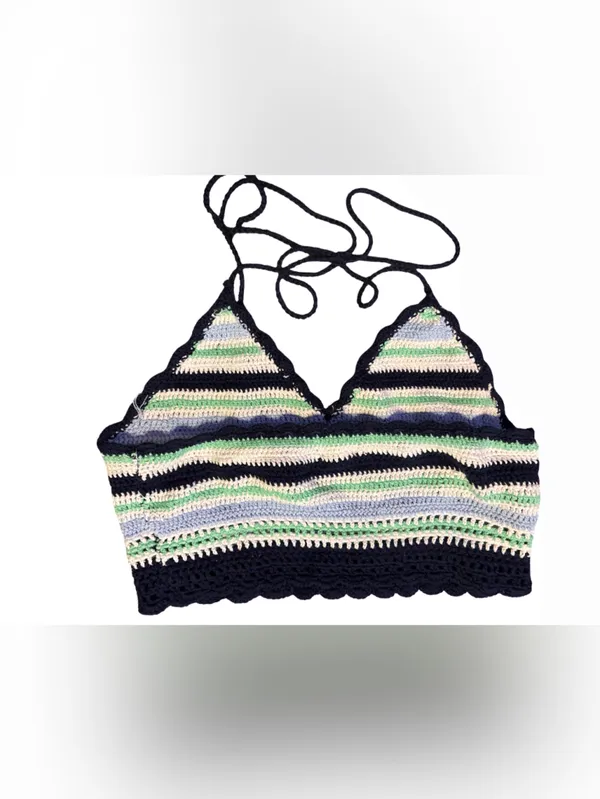 aerie Crochet Stripe Tie-Back Bralette in Navy, White, Mint & Light Blue - Image 2