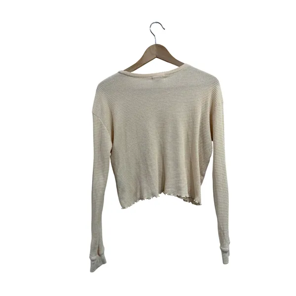 Billabong Essentials Light Yellow Waffle Knit Cropped Long Sleeve Thermal Top M - Image 2