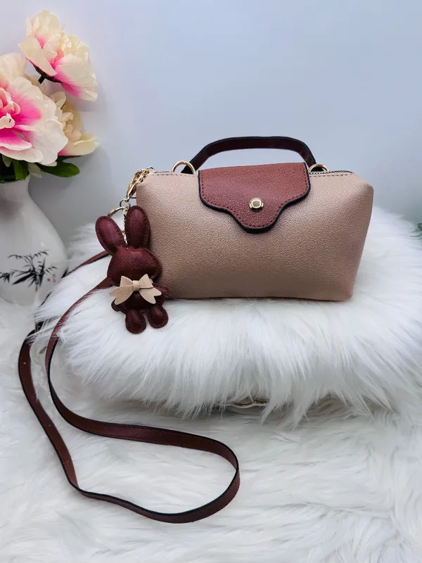 Stella Tan Beige Mini Crossbody Bag w/ Brown Faux Leather Trim & Bunny Charm - Image 4
