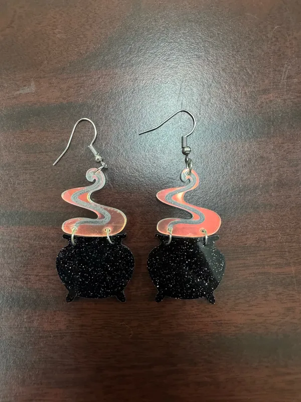 Cauldron with Iridescent Smoke Acrylic Dangle Earrings Black - Image 4
