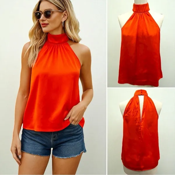 383 Express | NWOT Orange Satin Mock Neck Halter Top (size XS) - Image 2