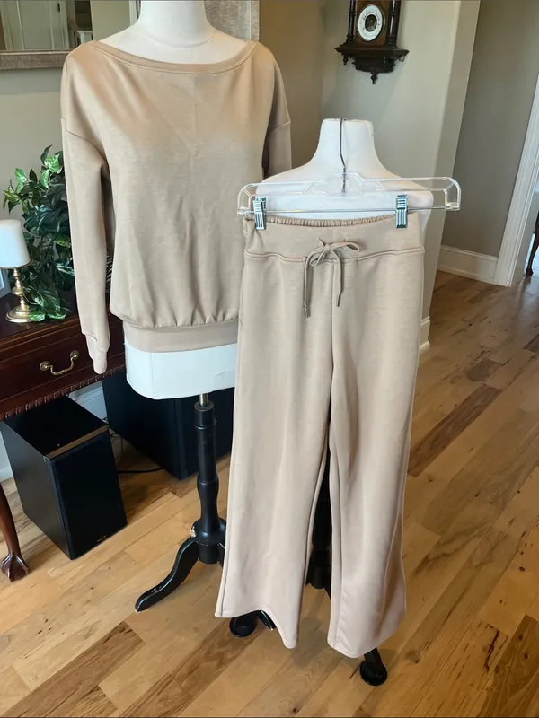 Tan Comfy Track Suit Women's Lounge Pants Drawstring and Matching Sweatshirt New - Image 5