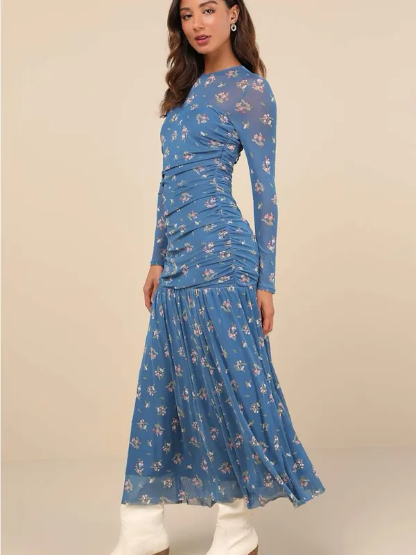 Lulu’s Easy Delight Blue Floral Drop Waist Maxi Dress M - Image 3