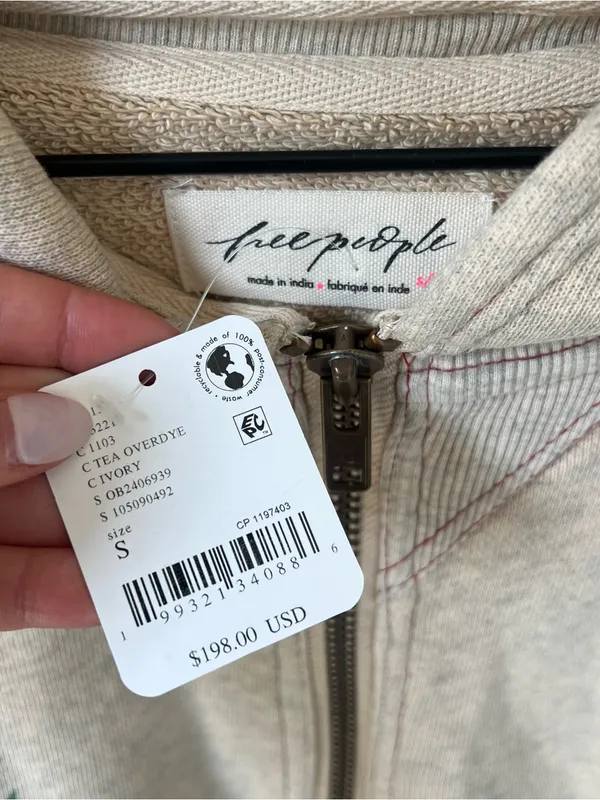 Free People Grandma's Garden Hoodie Zip Up Sweatshirt in Tea Overdye Gray NWT - Image 11