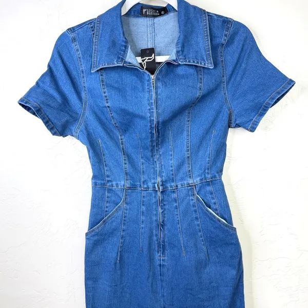 NEW Lucky & Blessed Denim Stretchy Short Sleeve Zip Up Flare Leg Jumpsuit XS - Image 7