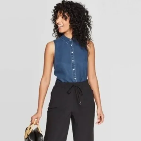 A New‎ Day XS Denim Sleeveless Buttoned Top Casual Boho Resort Capsule Spring - Image 4