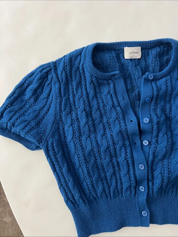 Wilfred Fey Cardigan Merino Wool and Cotton Short Sleeve Ultramarine Blue S $98 - Image 4