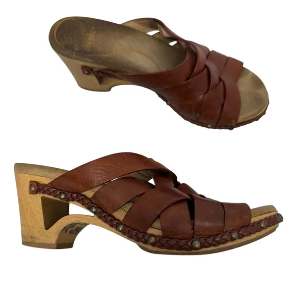 Dansko Brown Leather Strappy Slip On Mule Sandals Womens 6.5 Wood Platform - Image 2