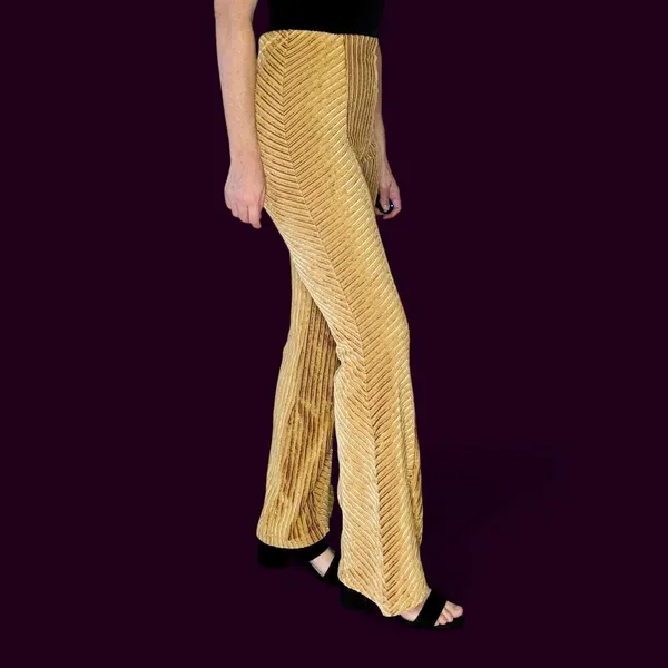 Free People Gold Champagne Ribbed Velvet High Rise Flare Pants - Image 3