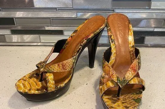 Aldo Women’s Yellow Snakeskin Sandal Platform Heels - Image 3