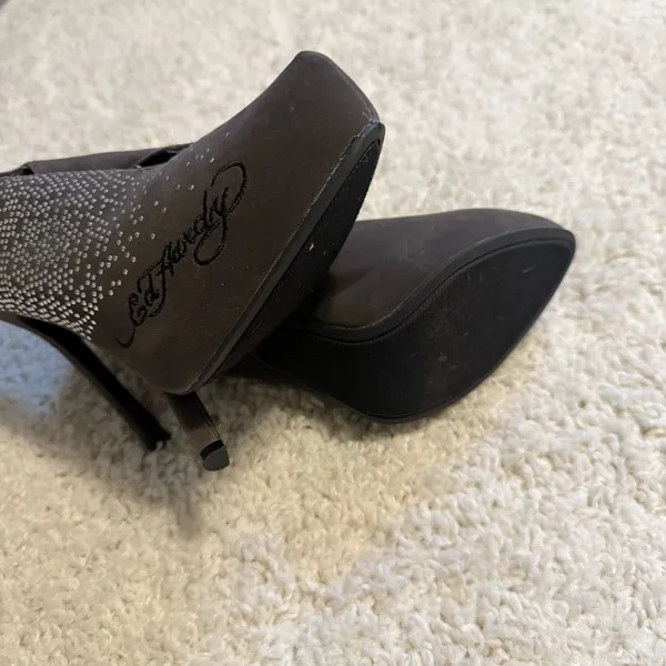 Ed Hardy NYE Silver Embellished Signature Light Brown Suede Heels Booties 8 - Image 6