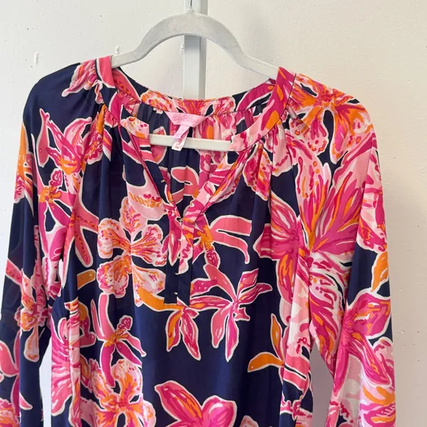 Lilly Pulitzer‎ Silk Floral Orchid Print Blouse Navy Pink Long Sleeve Small Boho - Image 3