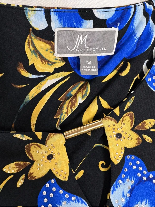 JM Collection Floral Rhinestone Keyhole Tunic Top M Black Blue Gold Floral Glam - Image 7