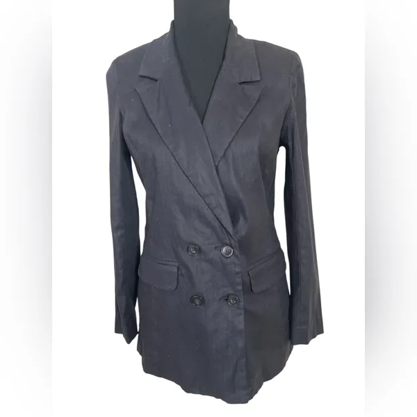 Evereve Minimalist Alexa Black Linen Double-Breasted Blazer Career Office Work - Image 3