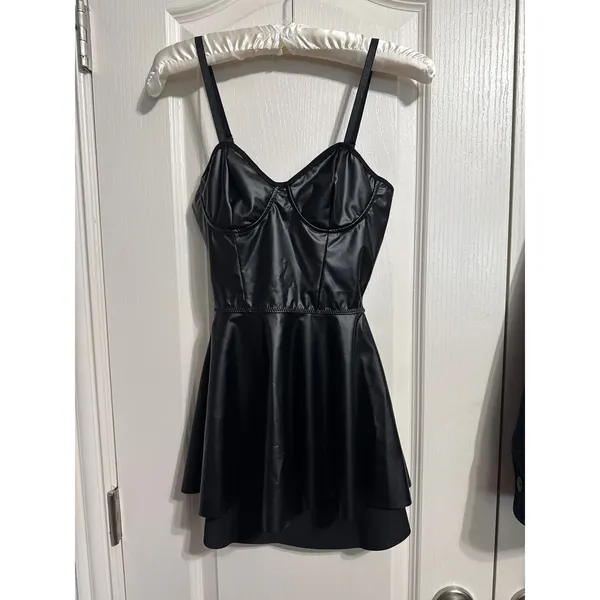 Faux Leather Bustier Mini Dress Open Back Coquette Night Out Baddie Rave Costume - Image 2