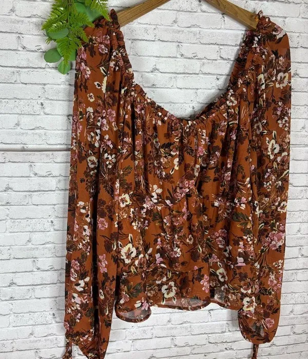 Lost and Wander Burnt Orange Terracotta Floral Peasant Blouse - Image 2