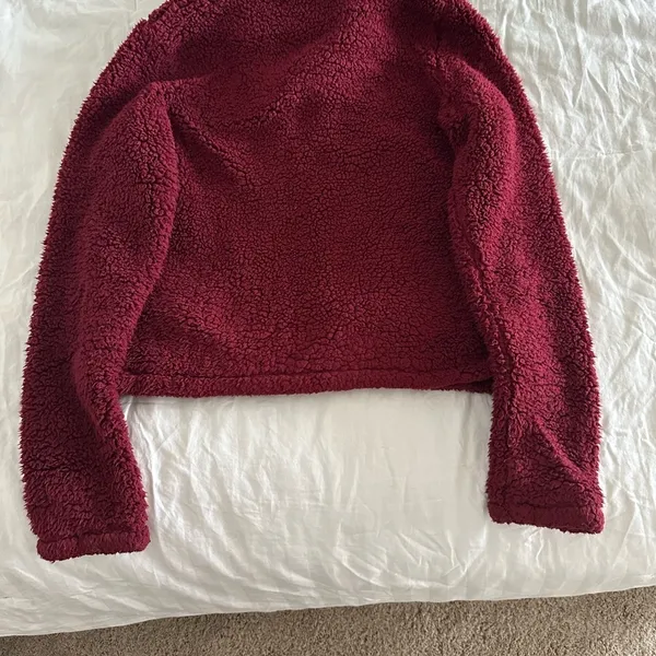 Hollister Cozy Cropped Sherpa Fleece Zip Jacket Burgundy‎ Maroon Warm Womens - Image 3