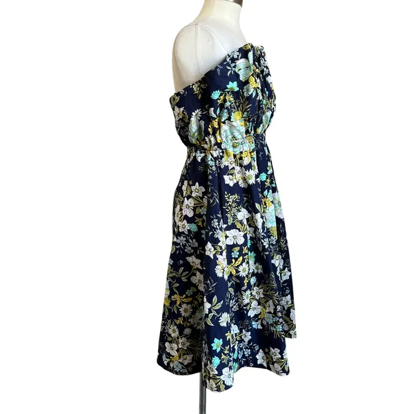 Anthropologie‎ Floral Ruffled Strapless Blue A Line Dress NWT Size Large - Image 3