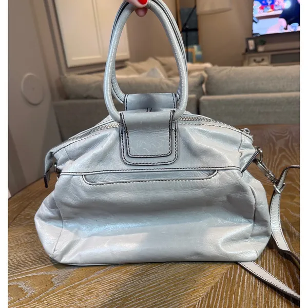 Hobo Sheila Leather Satchel Bag Light Gray Circular Handle Crossbody - Image 2