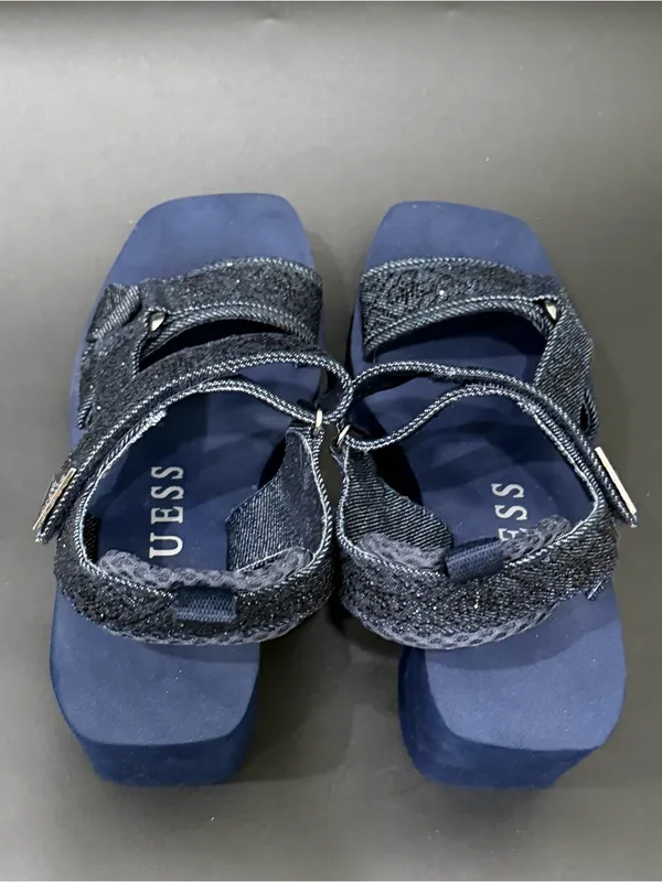 GUESS Dawsin Denim Rhinestone Embellished Straps EVA Soles Wedge Sandals Size 6 - Image 7