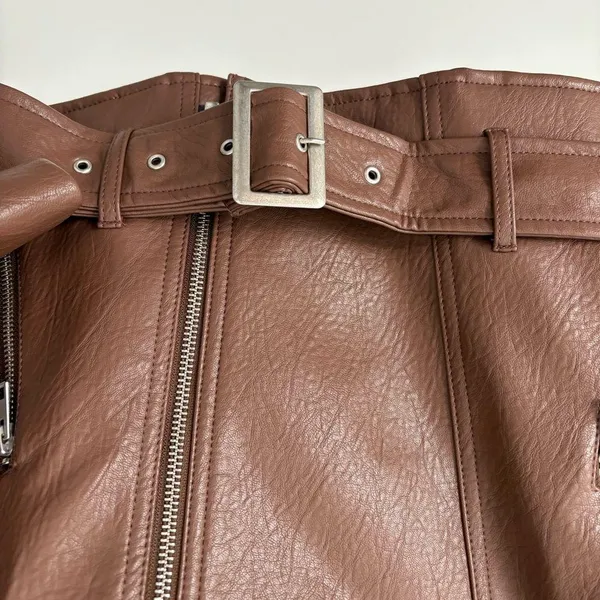 Old Navy Brown Leather Jacket Asymmetrical Zipper Moto Style - Image 3