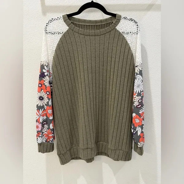 Olive Green Floral Patchwork Blouse Ribbed Lace Balloon Sleeve Whimsigoth XL - Image 9